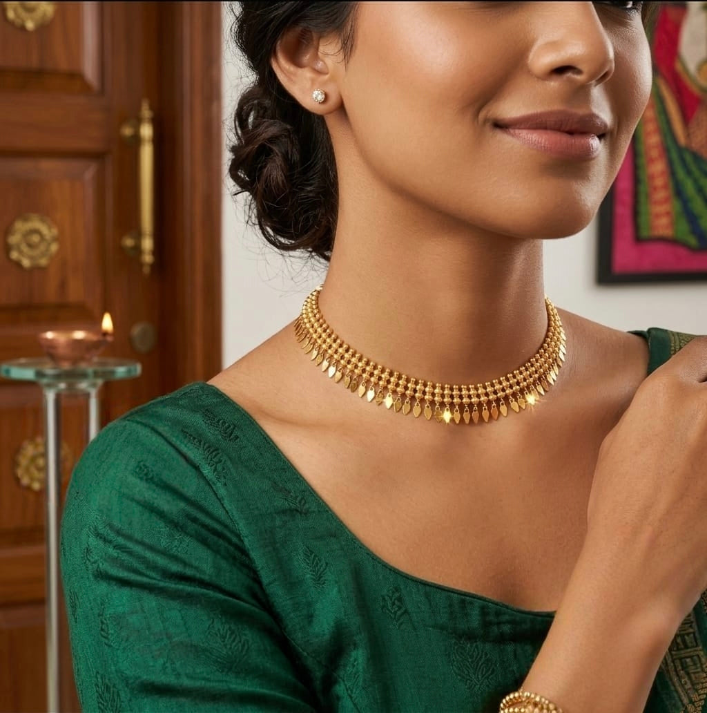 24K Premium Gold Plated Traditional Kerala Elakkathali Choker Necklace for Women | Lightweight