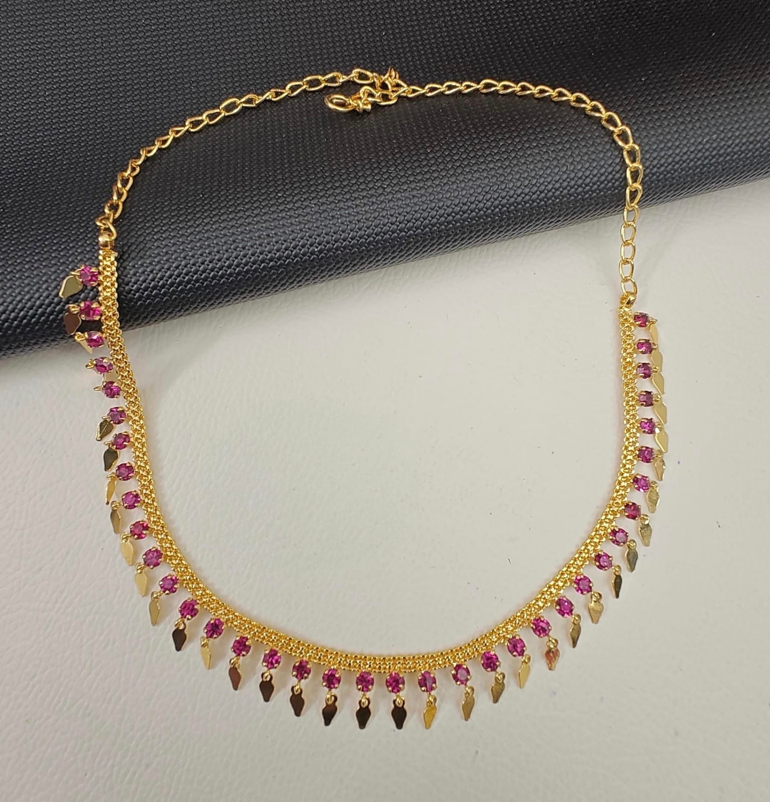 24K Premium Gold Plated Kerala Traditional Elakkathali Necklace with Pink Stones