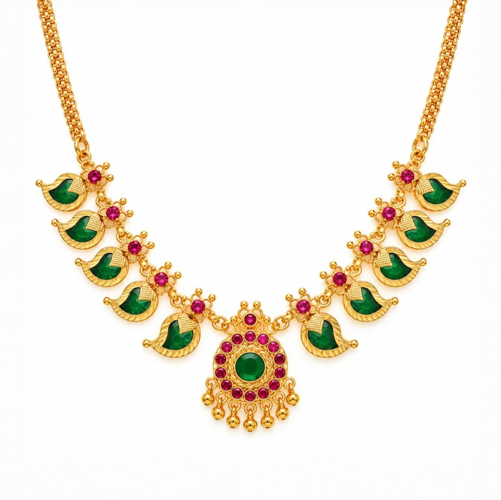 24k Gold Plated Traditional Mango Necklace for Women | Ruby Finish Temple Jewellery