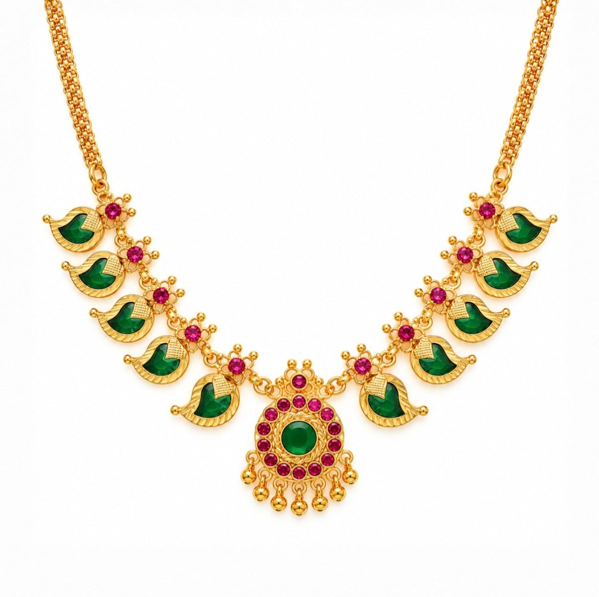 24k Gold Plated Traditional Mango Necklace for Women | Ruby Finish Temple Jewellery
