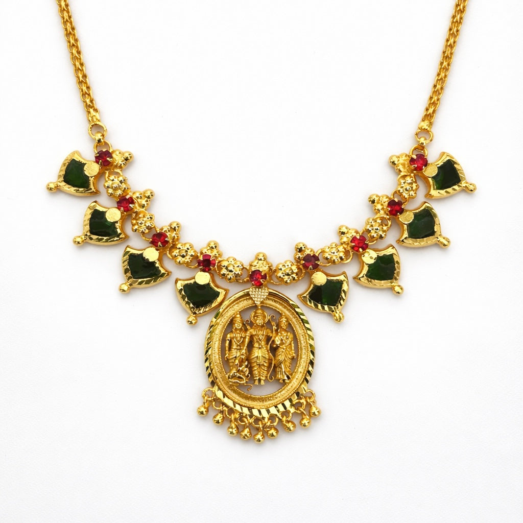 24ct Gold Plated Temple Necklace with Sree Rama, Seetha & Lakshmana Pendant