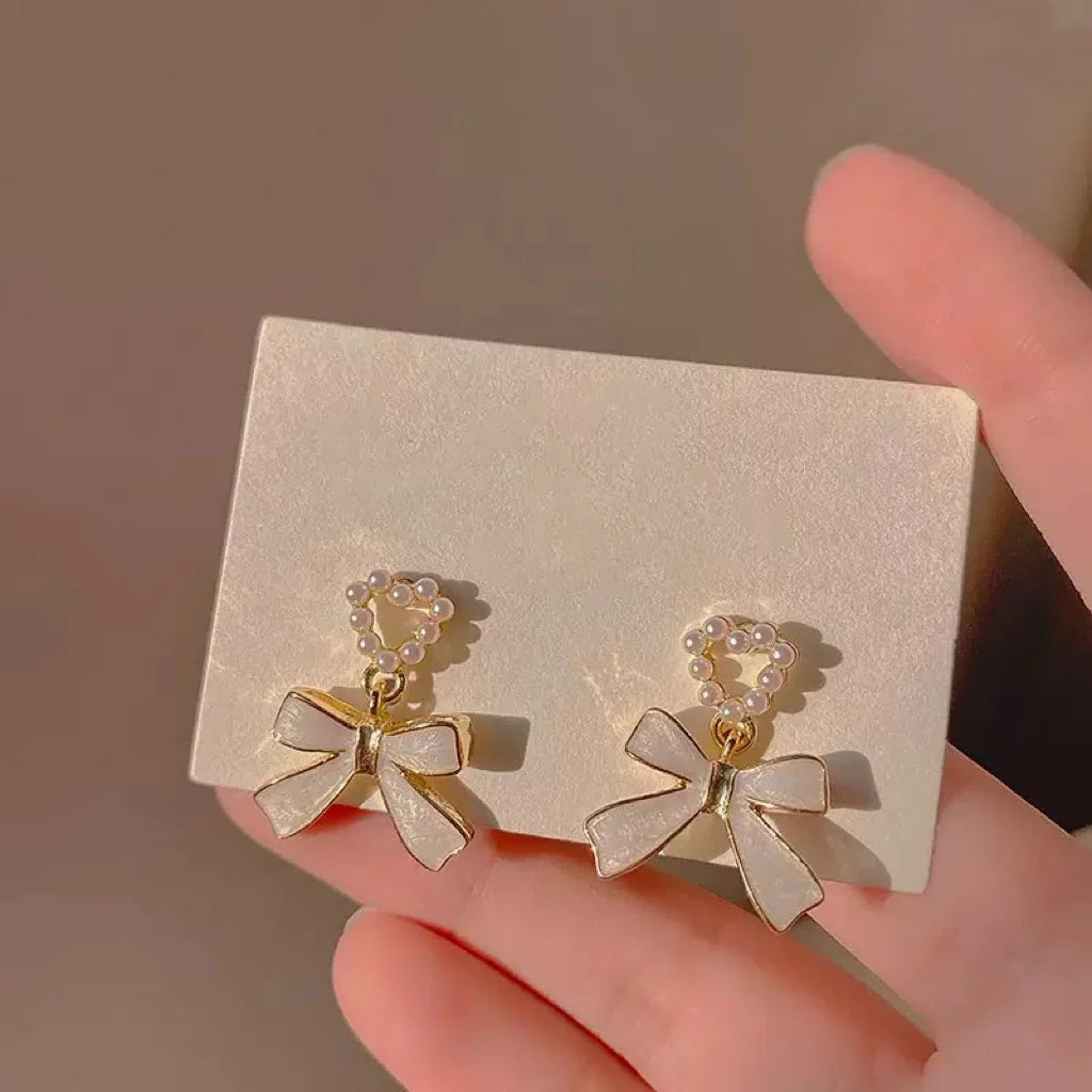 Pearl Heart Bow Drop Earrings – Elegant Gold-Plated Dangle Earrings for Women