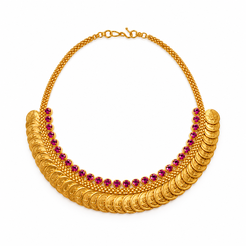 24K Gold Plated Traditional Lakshmi Coin Choker Necklace with Ruby Stones for Women