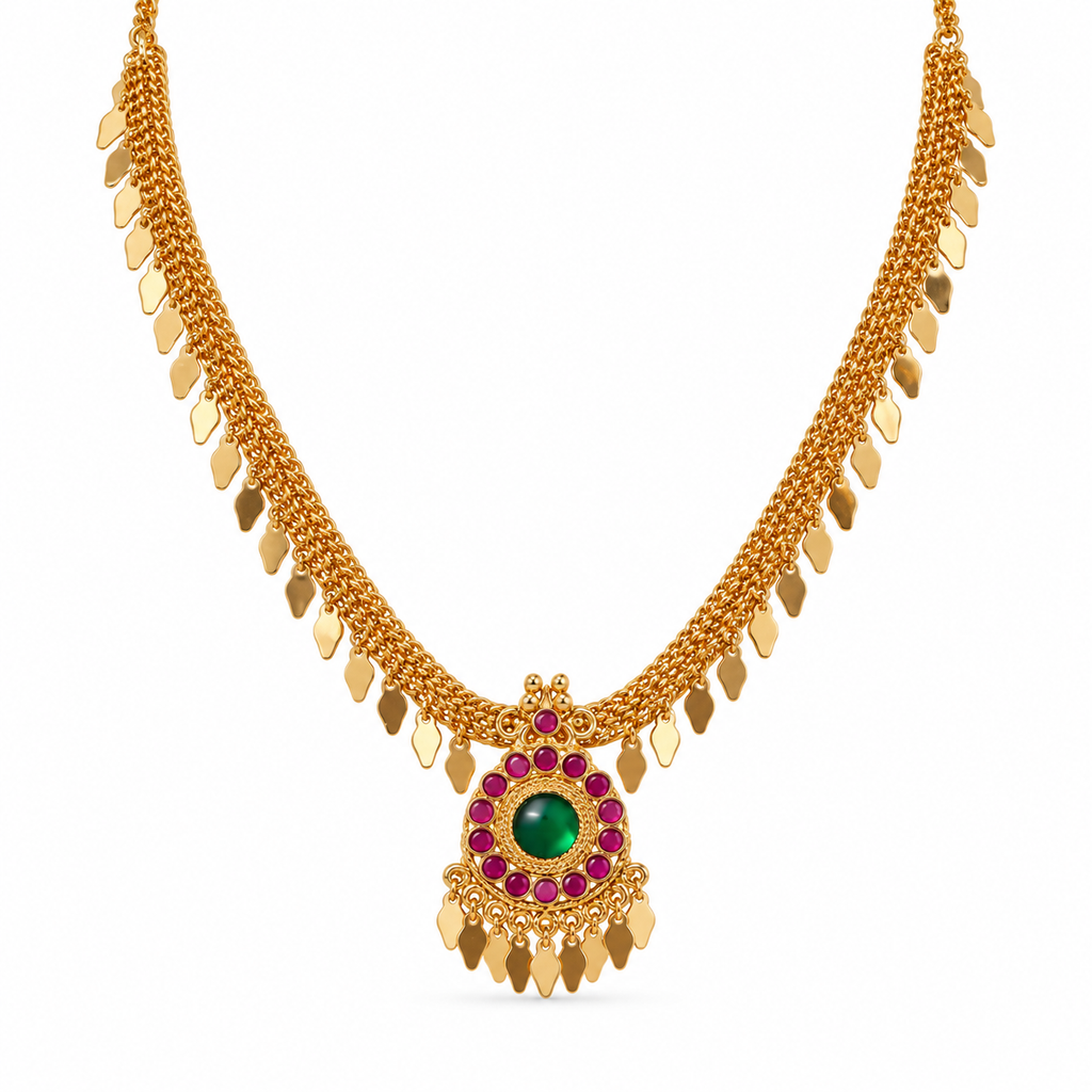 24k Gold Plated Elakkathali Necklace with Green and Pink Stone Pendant | Traditional Kerala Jewellery for Women