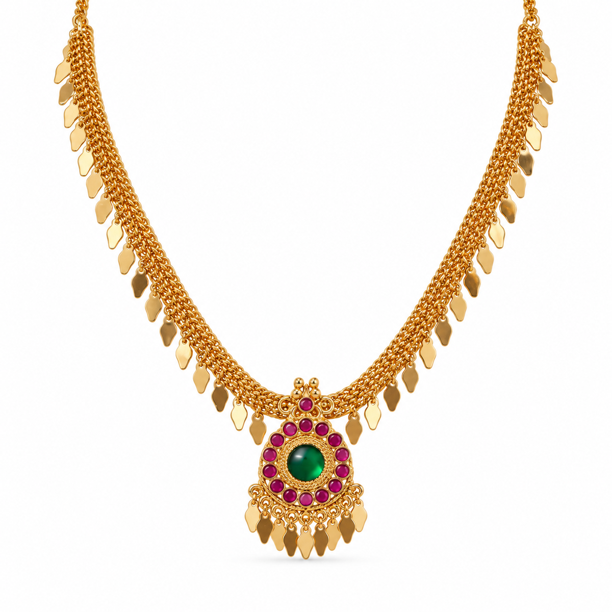 24k Gold Plated Elakkathali Necklace with Green and Pink Stone Pendant | Traditional Kerala Jewellery for Women