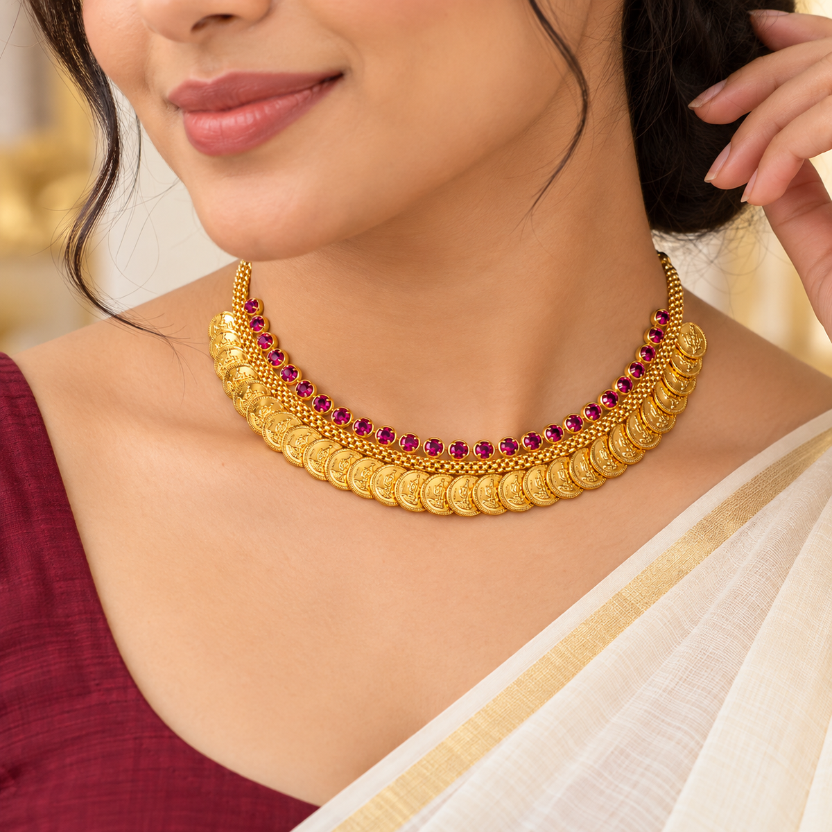 24K Gold Plated Traditional Lakshmi Coin Choker Necklace with Ruby Stones for Women