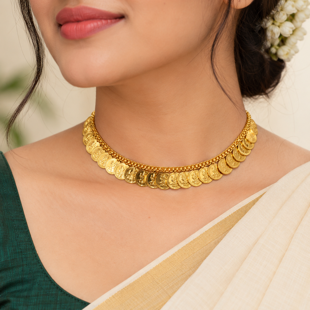 24K Gold Plated Traditional Lakshmi Coin Choker Necklace for Women | Kerala Traditional Temple Jewellery