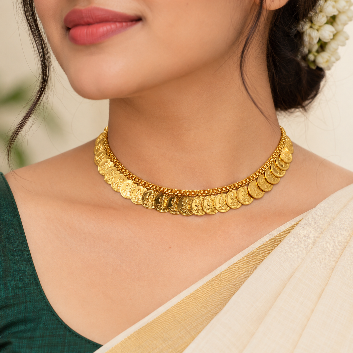 24K Gold Plated Traditional Lakshmi Coin Choker Necklace for Women | Kerala Traditional Temple Jewellery