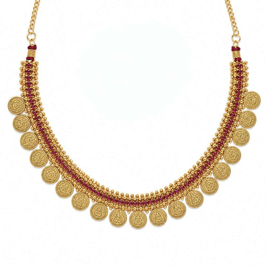 24K Premium Gold Plated Traditional Coin Necklace | Ruby Stone Temple Jewellery for Women