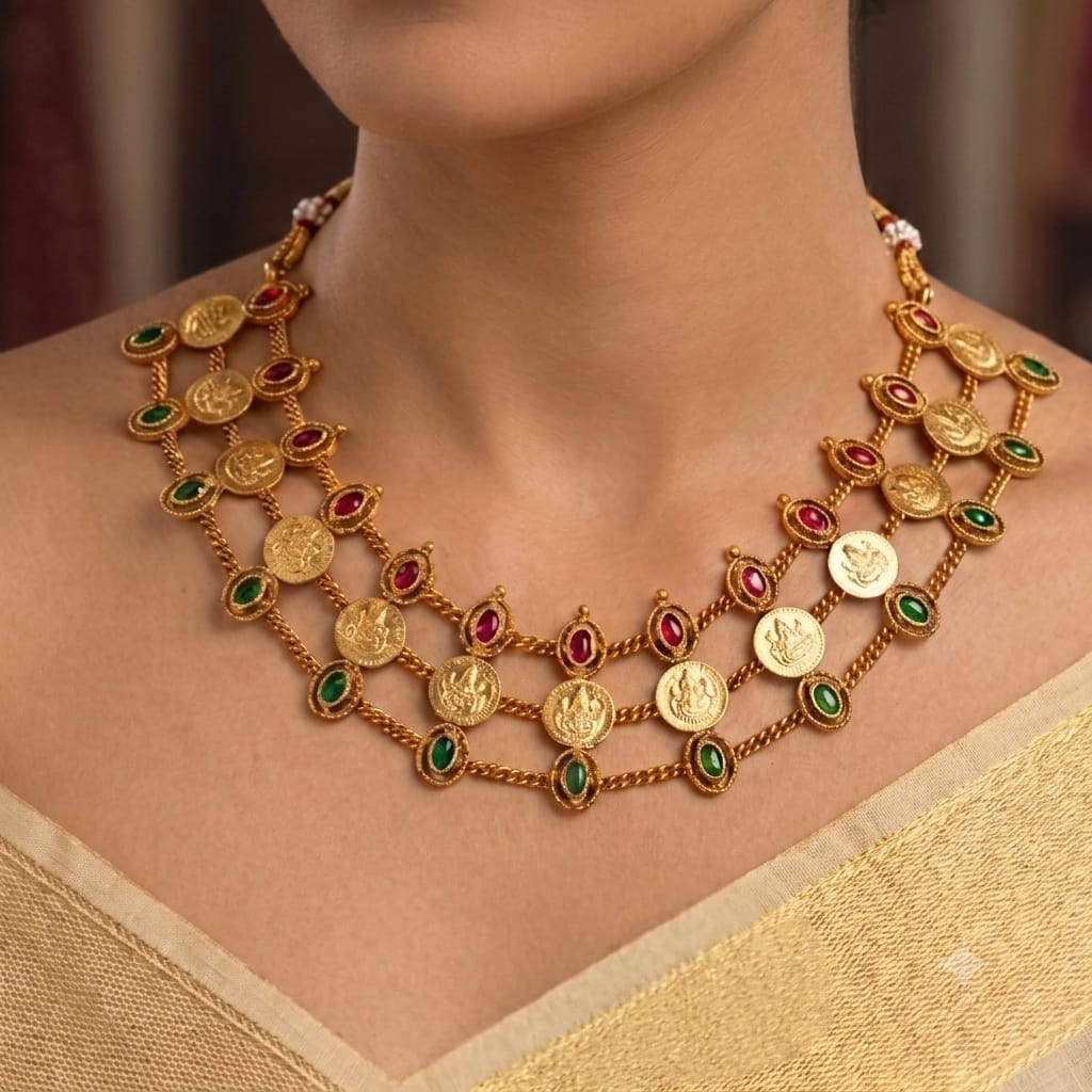 24K Gold Plated Traditional Lakshmi Coin Layered Necklace With Earring for Women | Ruby & Emerald Stone Temple Jewellery