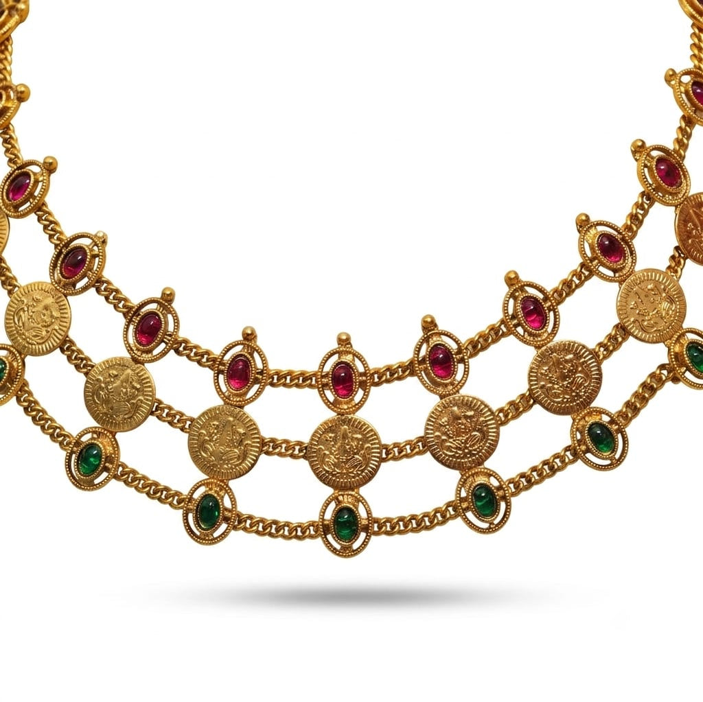24K Gold Plated Traditional Lakshmi Coin Layered Necklace With Earring for Women | Ruby & Emerald Stone Temple Jewellery