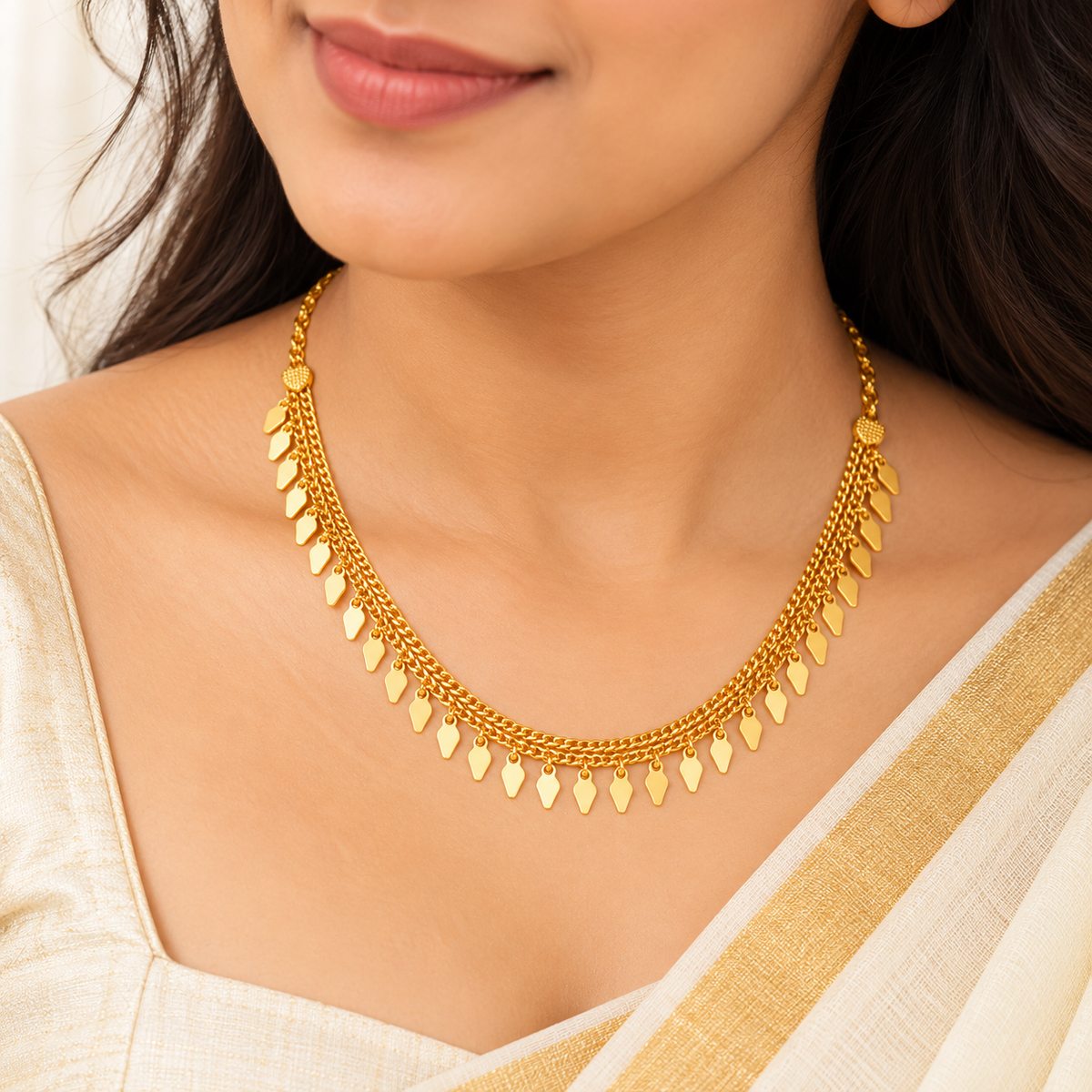 24K Premium Gold Plated Elegant Multi-Strand Droplet Necklace (Elakkathali), 18 Inches
