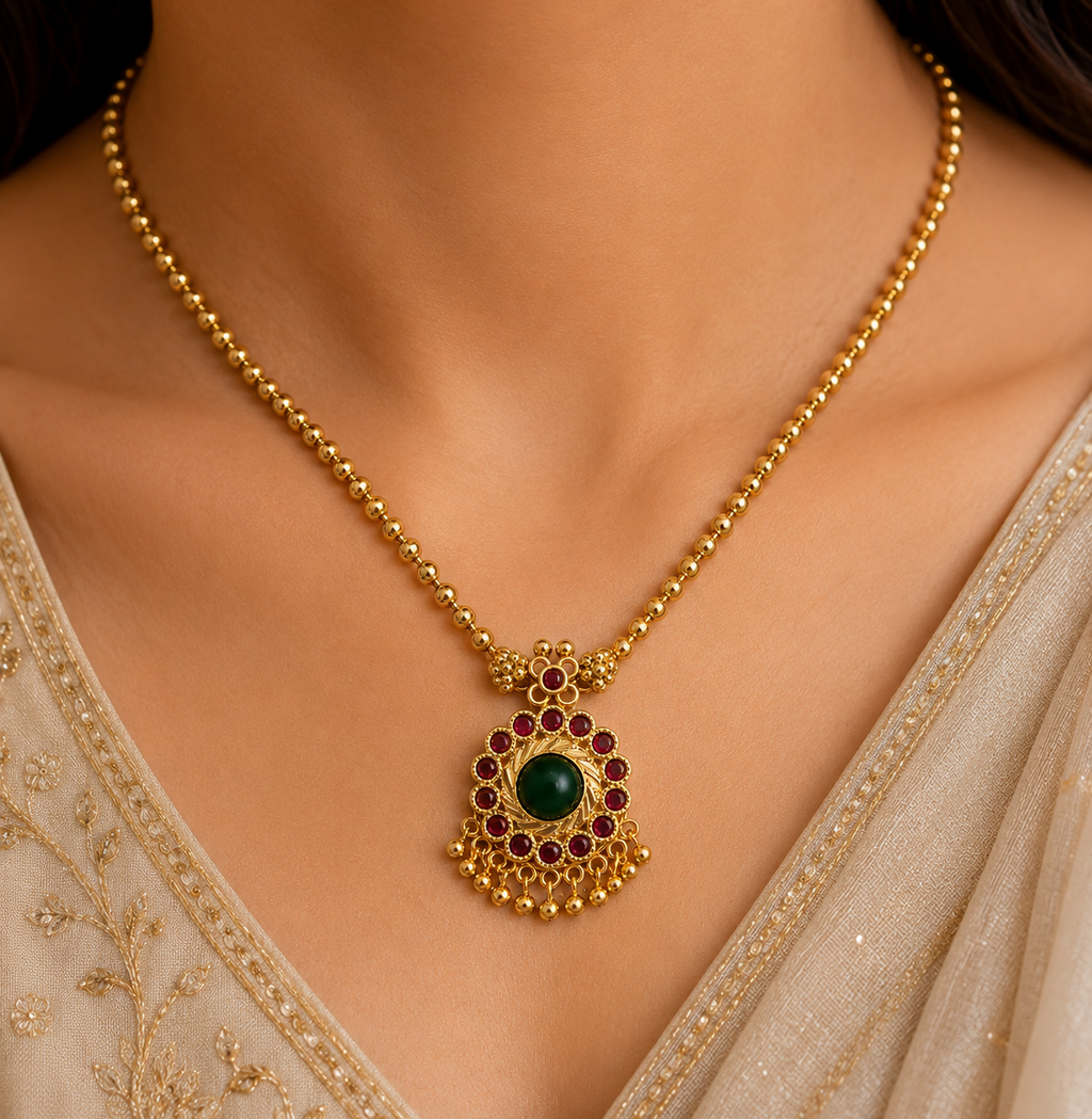 24K Premium Gold Plated Traditional Green Stone & Ruby Pendant Necklace for Women | Ethnic Temple Jewellery
