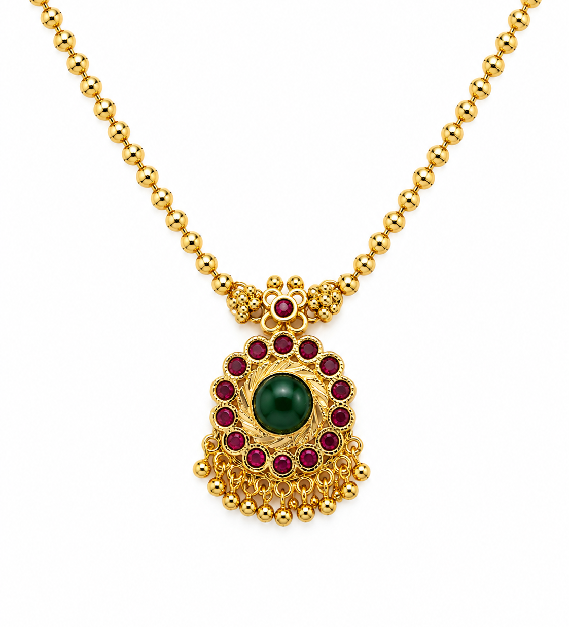 24K Premium Gold Plated Traditional Green Stone & Ruby Pendant Necklace for Women | Ethnic Temple Jewellery
