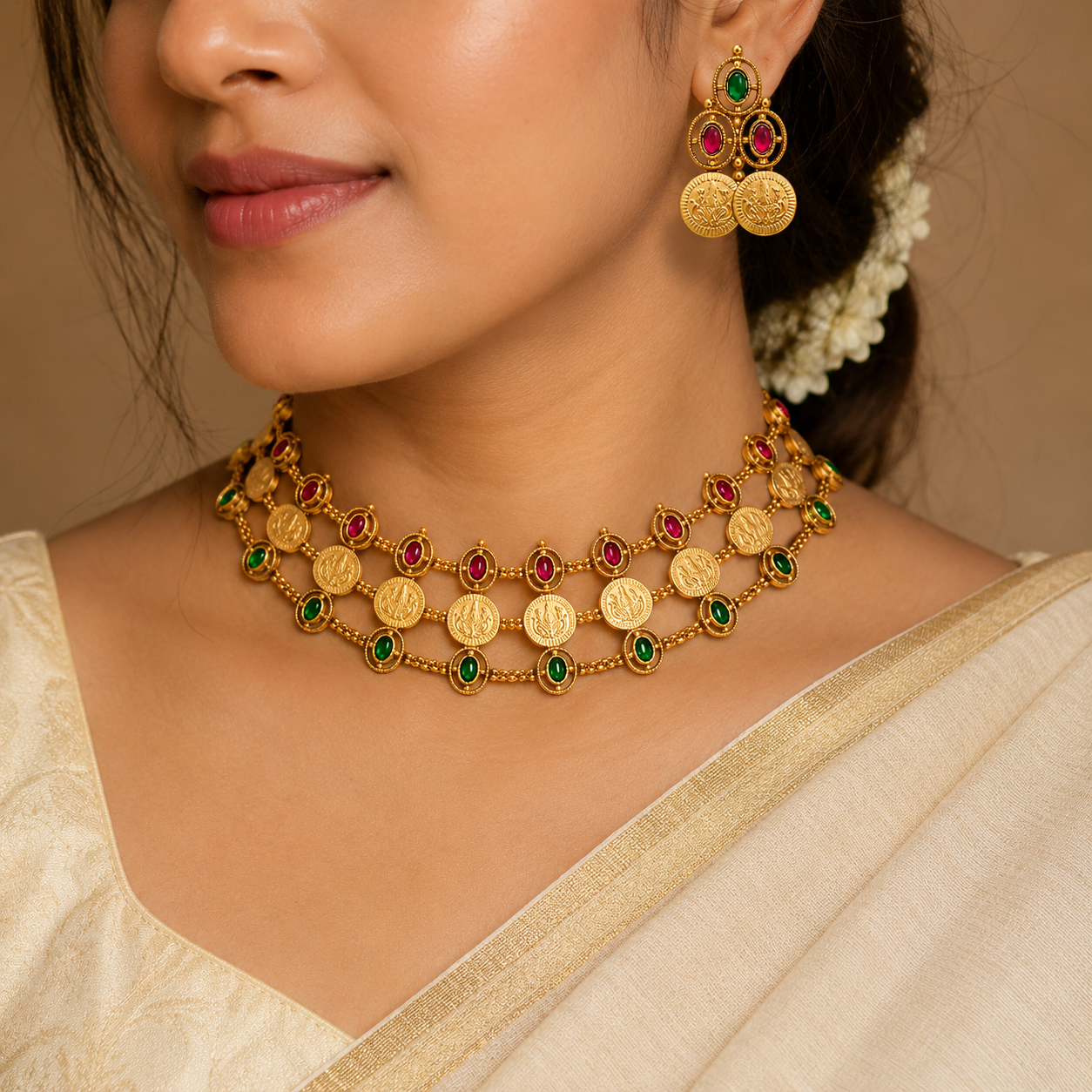 24K Gold Plated Traditional Lakshmi Coin Layered Chocker Necklace With Earring for Women | Ruby & Emerald Stone Temple Jewellery