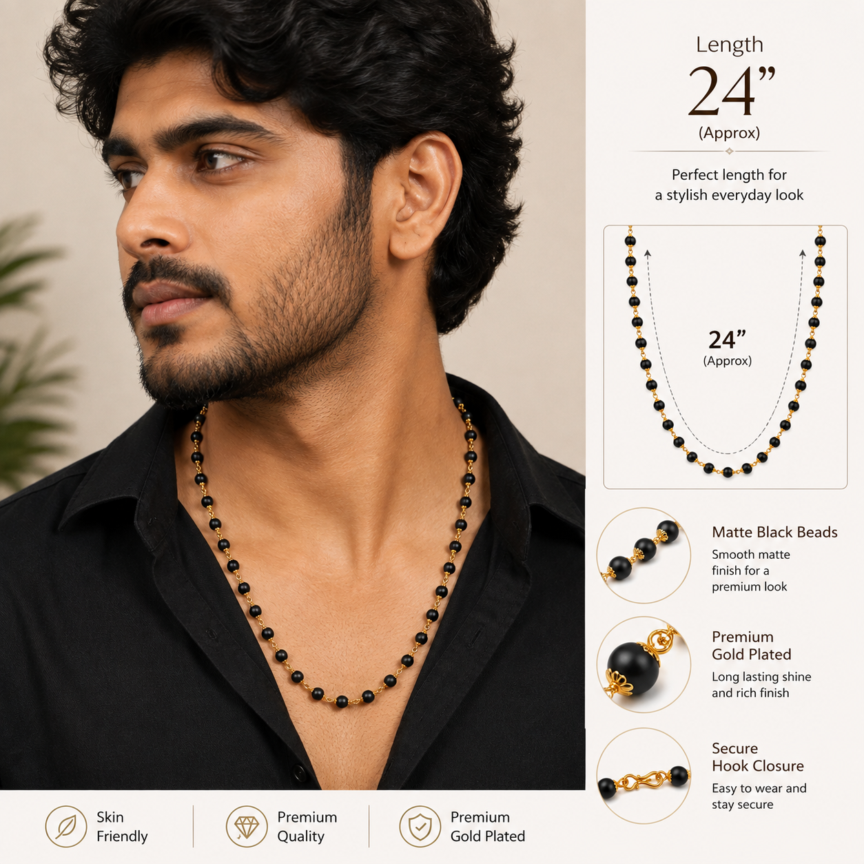 Premium Gold Plated Black Bead Chain (Karungali Mala) 24" Stylish Men’s Chain