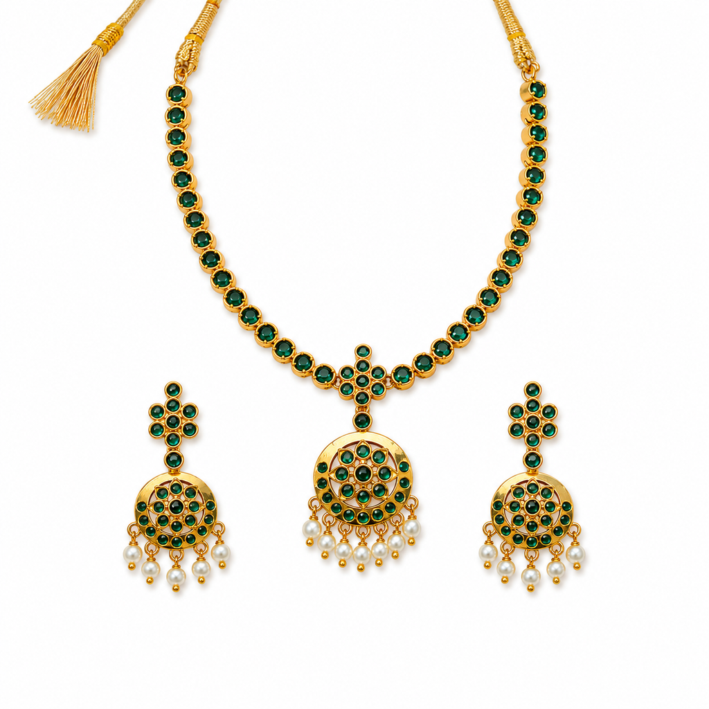 24K Gold Plated Attigai Necklace Set with Matching Earrings | Green Stone & Pearl Drops