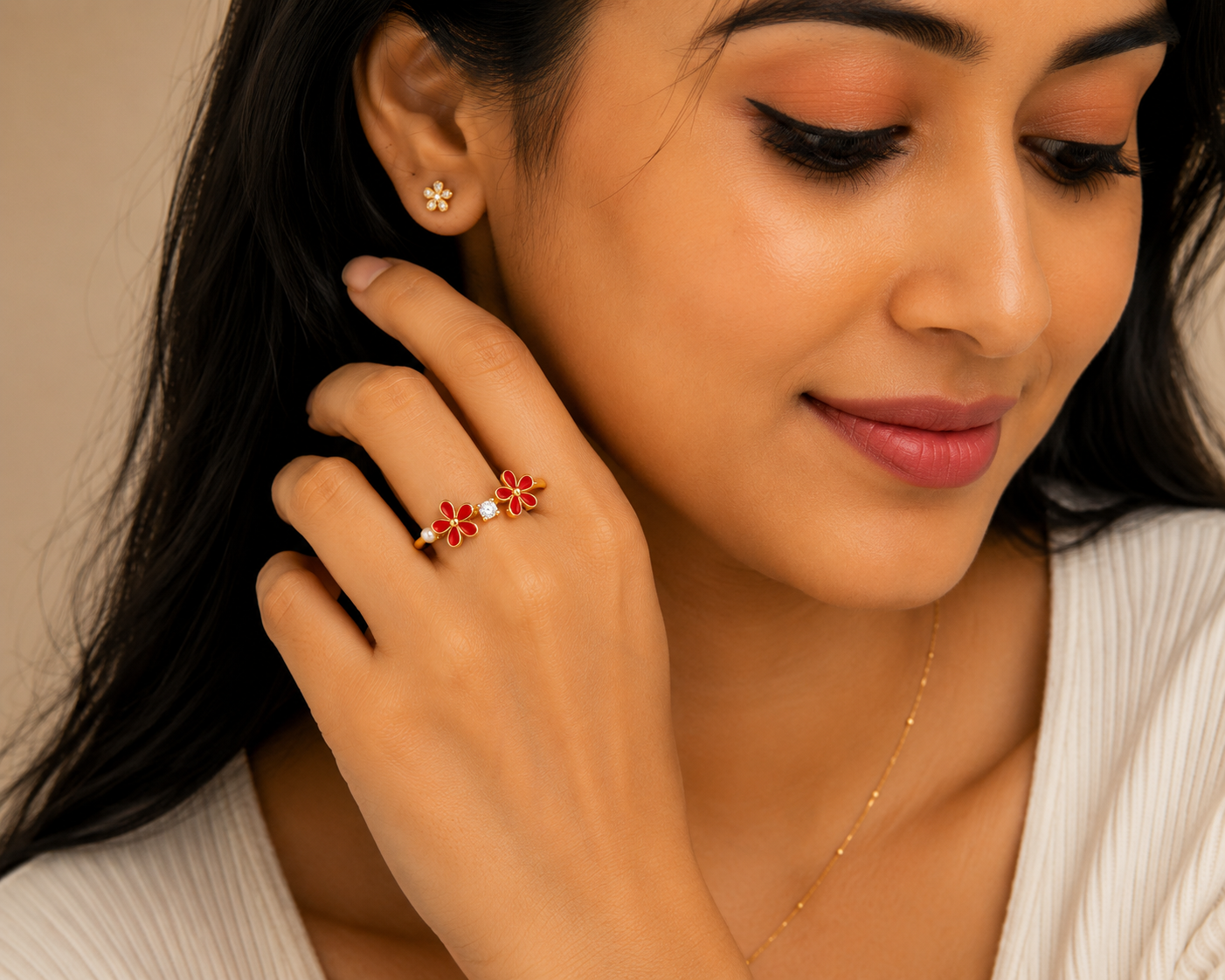 Gold Plated Flower Open Ring | Red Enamel & Solitaire Cubic Zirconia Adjustable Band