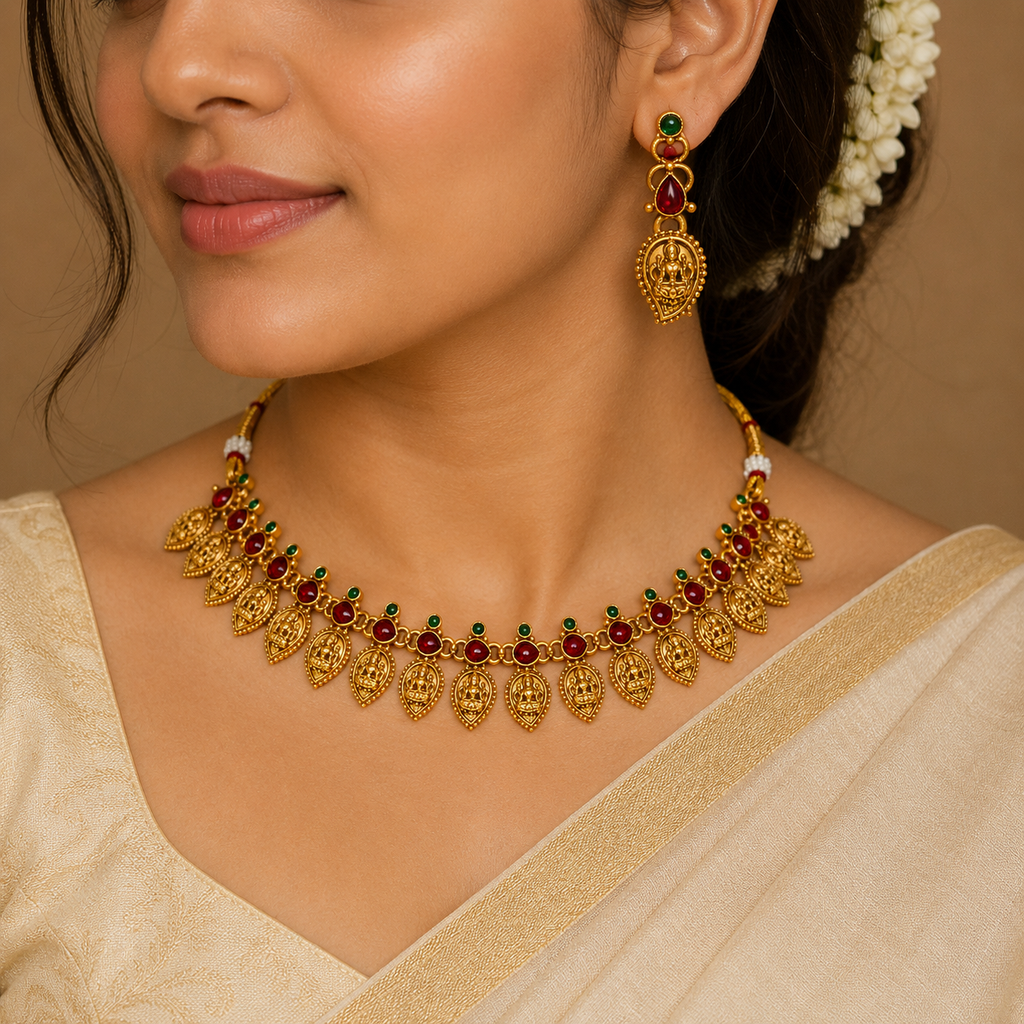 Premium Gold Plated Chettinadu Design Choker Necklace with Matching Earrings