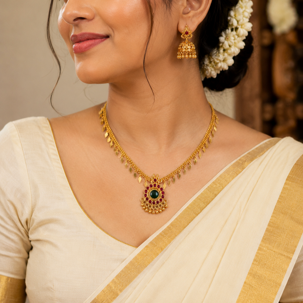 24K Gold Plated Traditional Elakkathali Kemp Stone Necklace