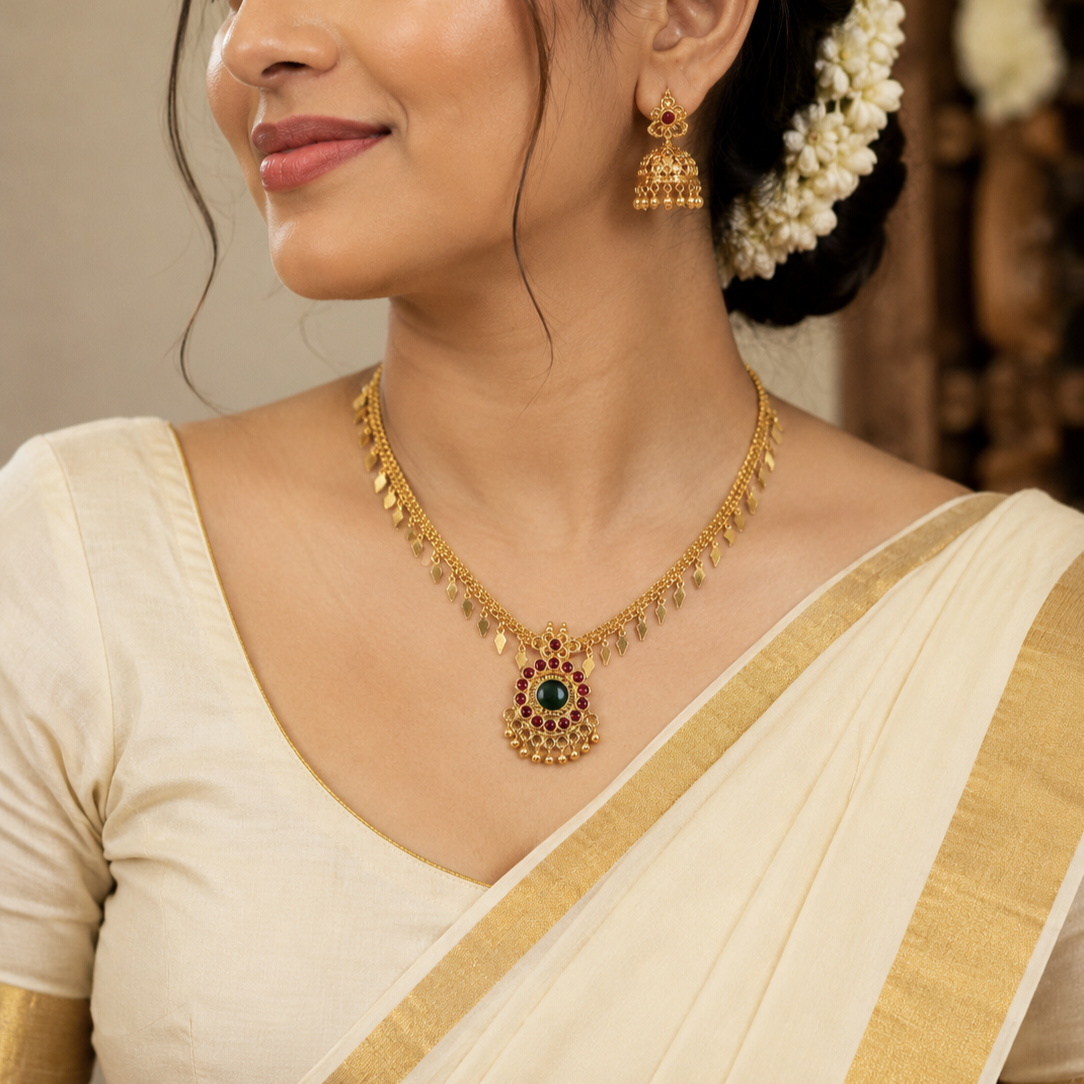 24K Gold Plated Traditional Elakkathali Kemp Stone Necklace