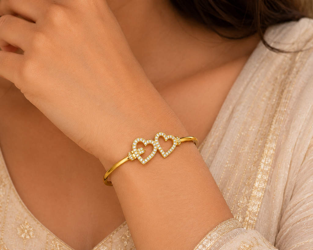 Gold Plated Double Heart Crystal Open Bangle Bracelet for Women