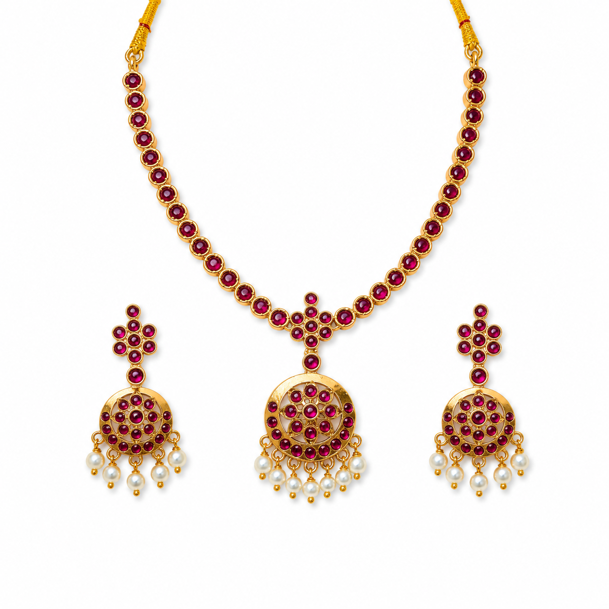 24K Gold Plated Attigai Necklace Set with Matching Earrings | Ruby Stone & Pearl Drops