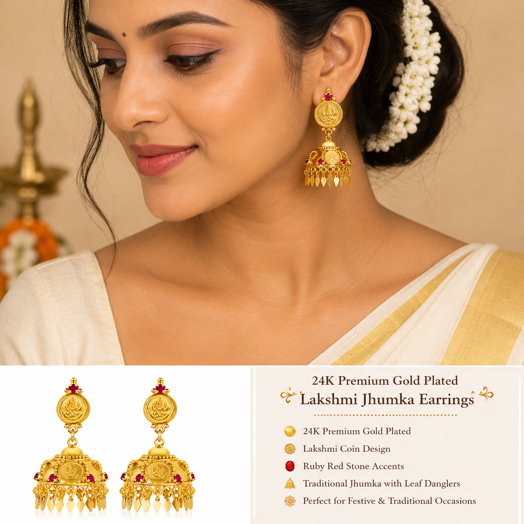 24K Premium Gold Plated Lakshmi Jhumka Earrings | Matching with Elakkathali & Lakshmi Coin Necklace