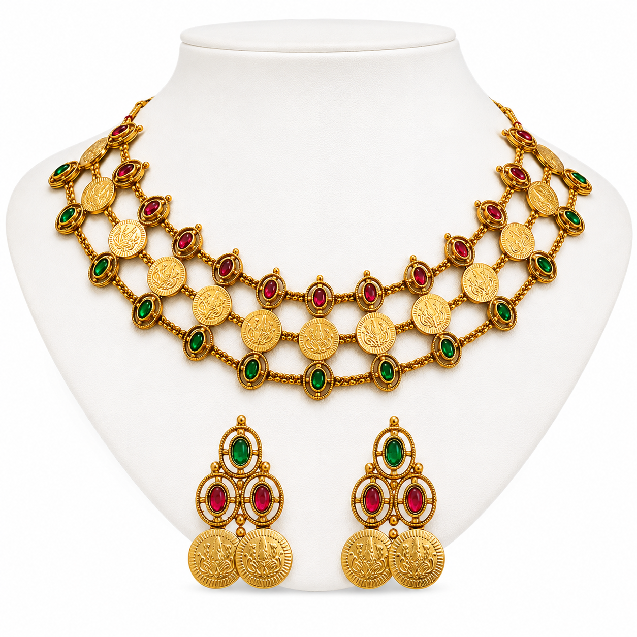 24K Gold Plated Traditional Lakshmi Coin Layered Chocker Necklace With Earring for Women | Ruby & Emerald Stone Temple Jewellery