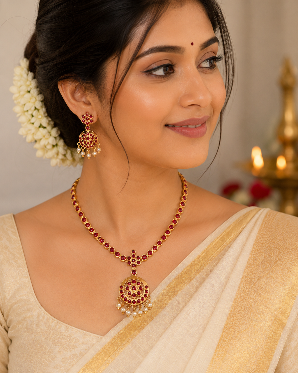 24K Gold Plated Attigai Necklace Set with Matching Earrings | Ruby Stone & Pearl Drops