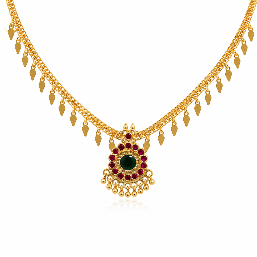 24K Gold Plated Traditional Elakkathali Kemp Stone Necklace