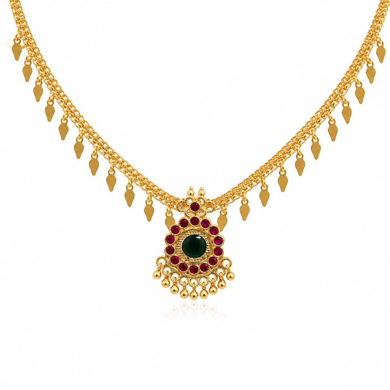 24K Gold Plated Traditional Elakkathali Kemp Stone Necklace
