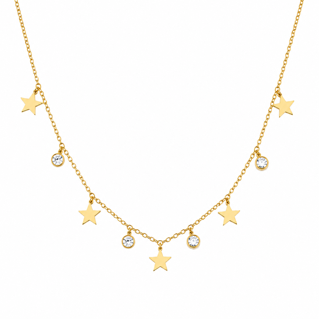 Anti Tarnish Gold Star Charm Necklace with Crystal Accents for Women