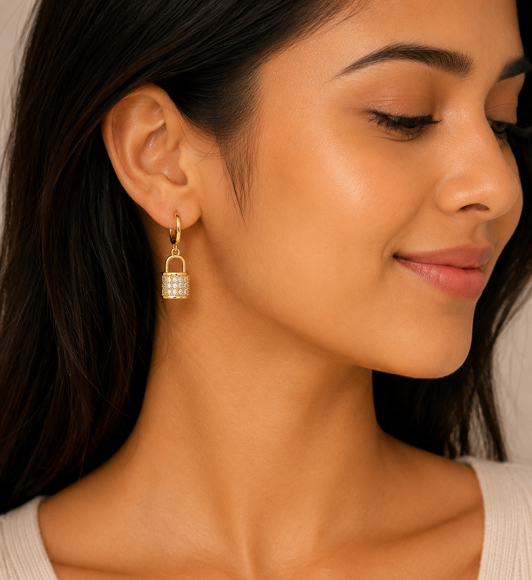 Gold Plated Crystal Lock Charm Hoop Earrings for Women