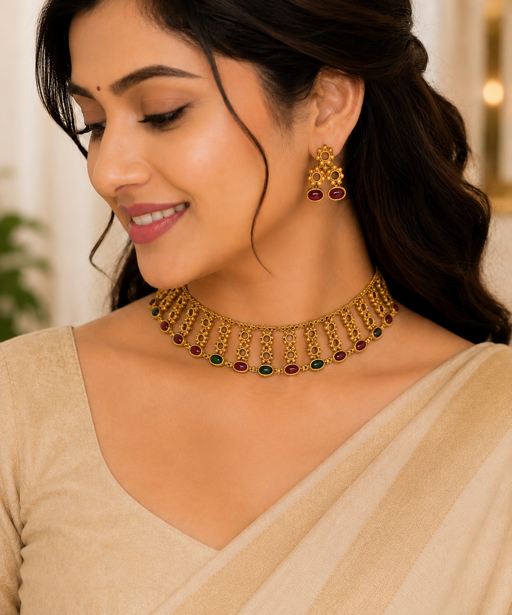 24K Gold Plated Traditional Multicolor Stone Choker Necklace with Matching Earrings