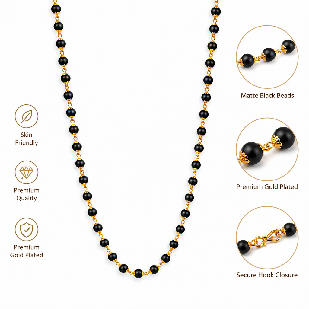 Premium Gold Plated Black Bead Chain (Karungali Mala) 24" Stylish Men’s Chain