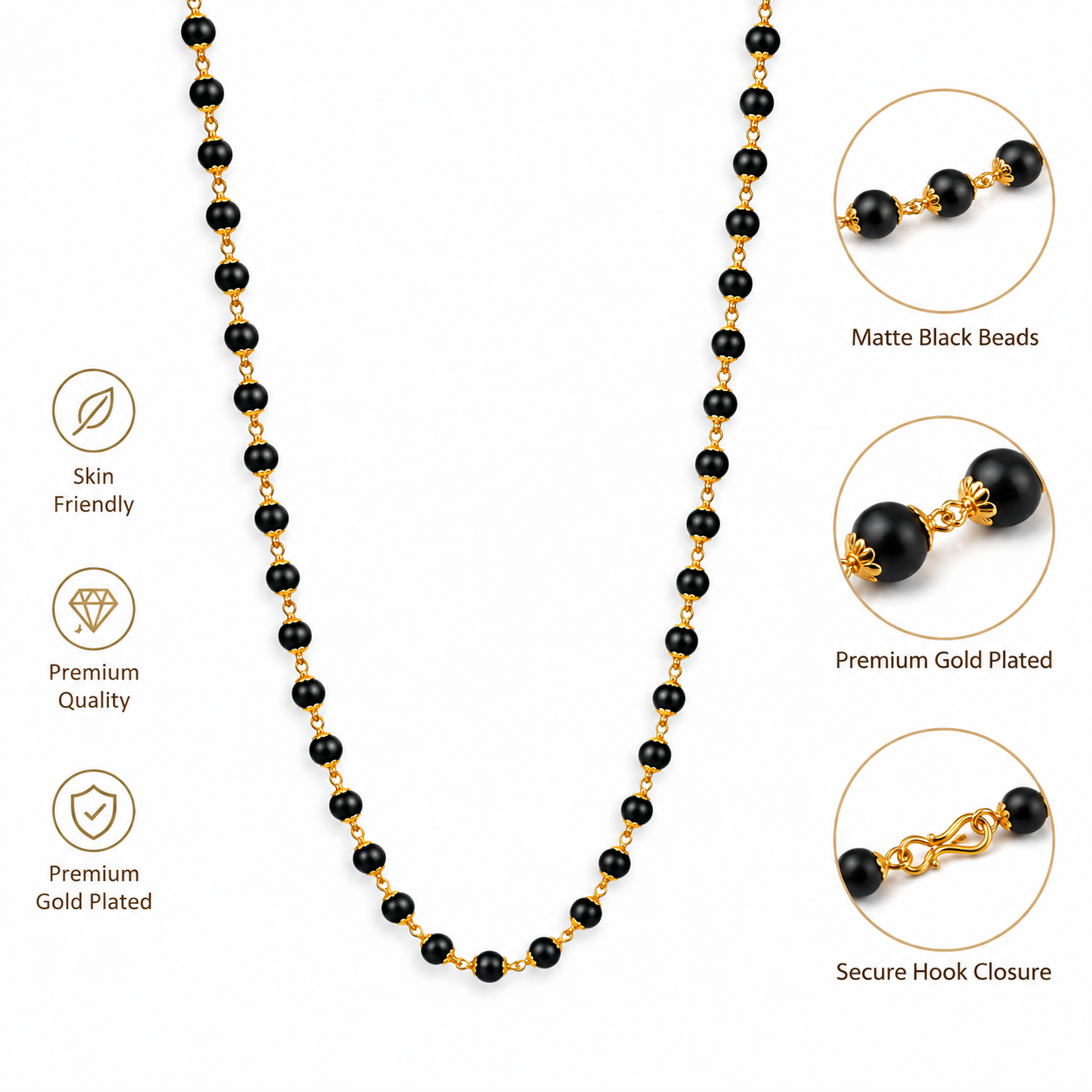 Premium Gold Plated Black Bead Chain (Karungali Mala) 24" Stylish Men’s Chain