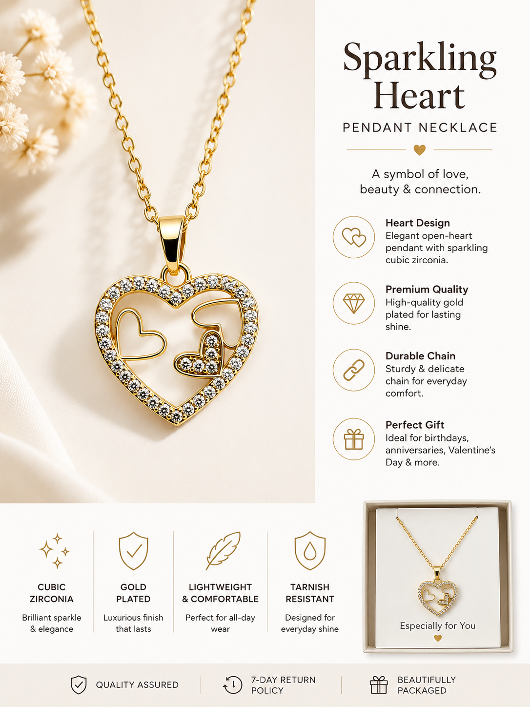Anti Tarnish Elegant Gold-Plated Heart Pendant Necklace for Women