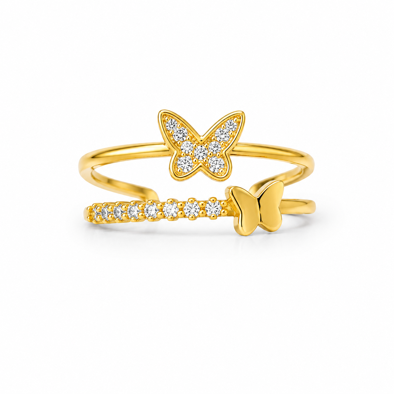 Gold Multi-Layer Butterfly Ring | Pave Cubic Zirconia Connected Stacking Ring