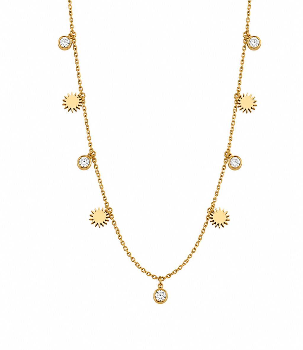 Gold Sun Charm Necklace with Crystal Drops for Women