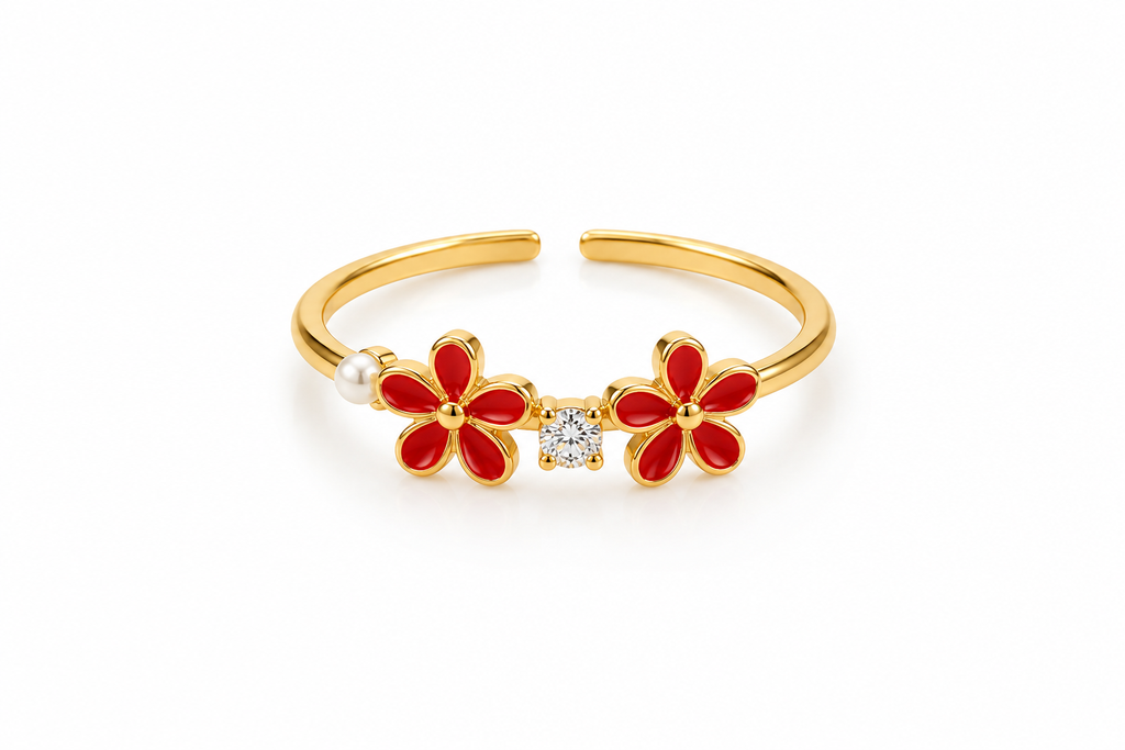 Gold Plated Flower Open Ring | Red Enamel & Solitaire Cubic Zirconia Adjustable Band