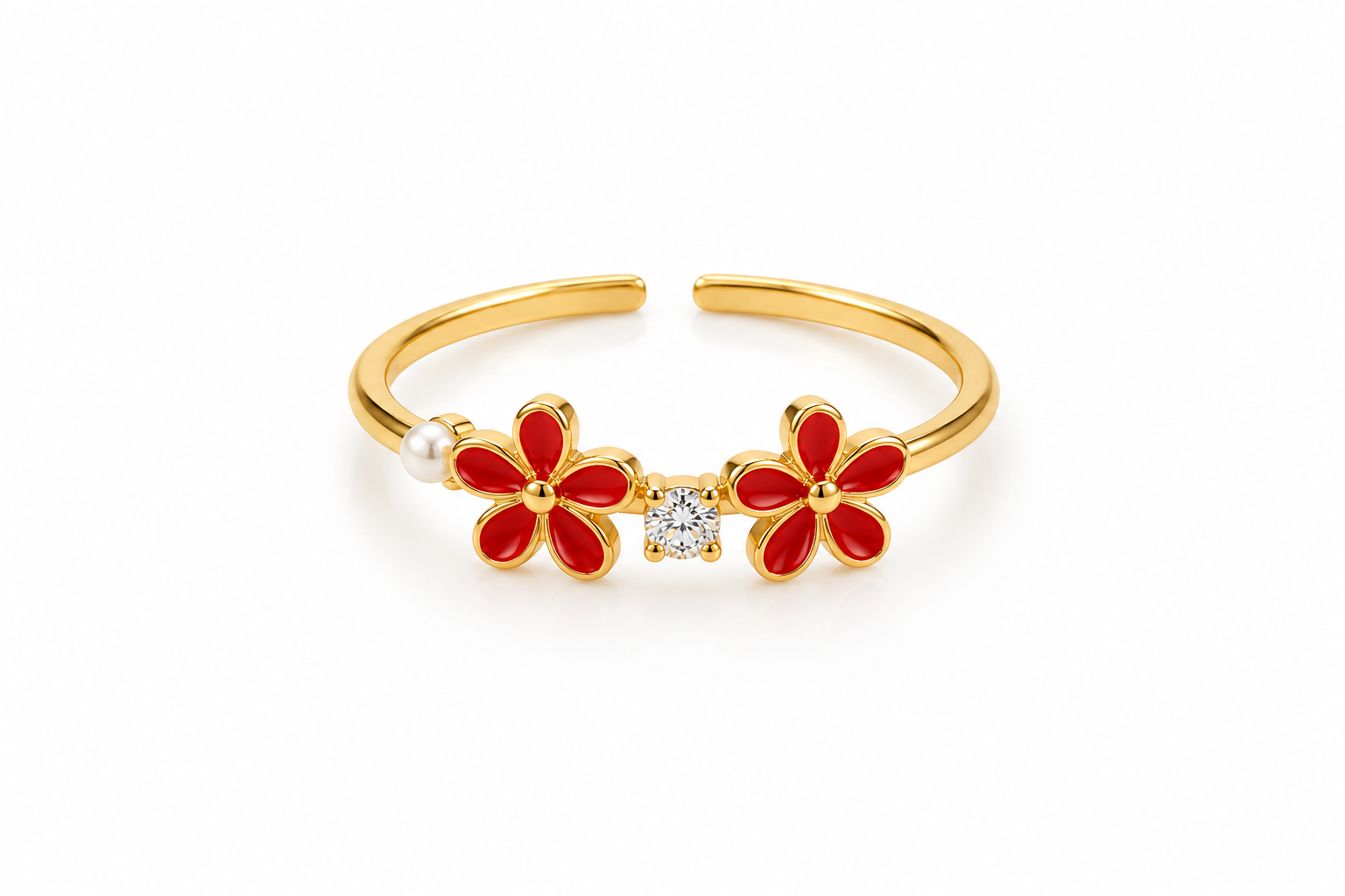 Gold Plated Flower Open Ring | Red Enamel & Solitaire Cubic Zirconia Adjustable Band
