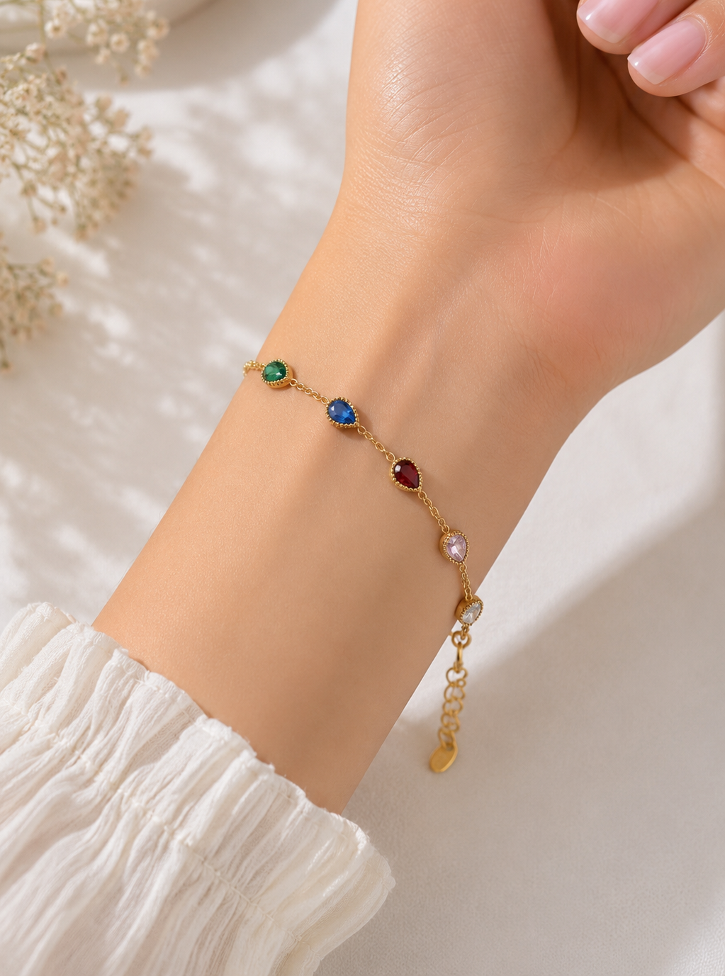 The Aurora Teardrop Bracelet: Anti-Tarnish Multi-Color Gemstone Chain