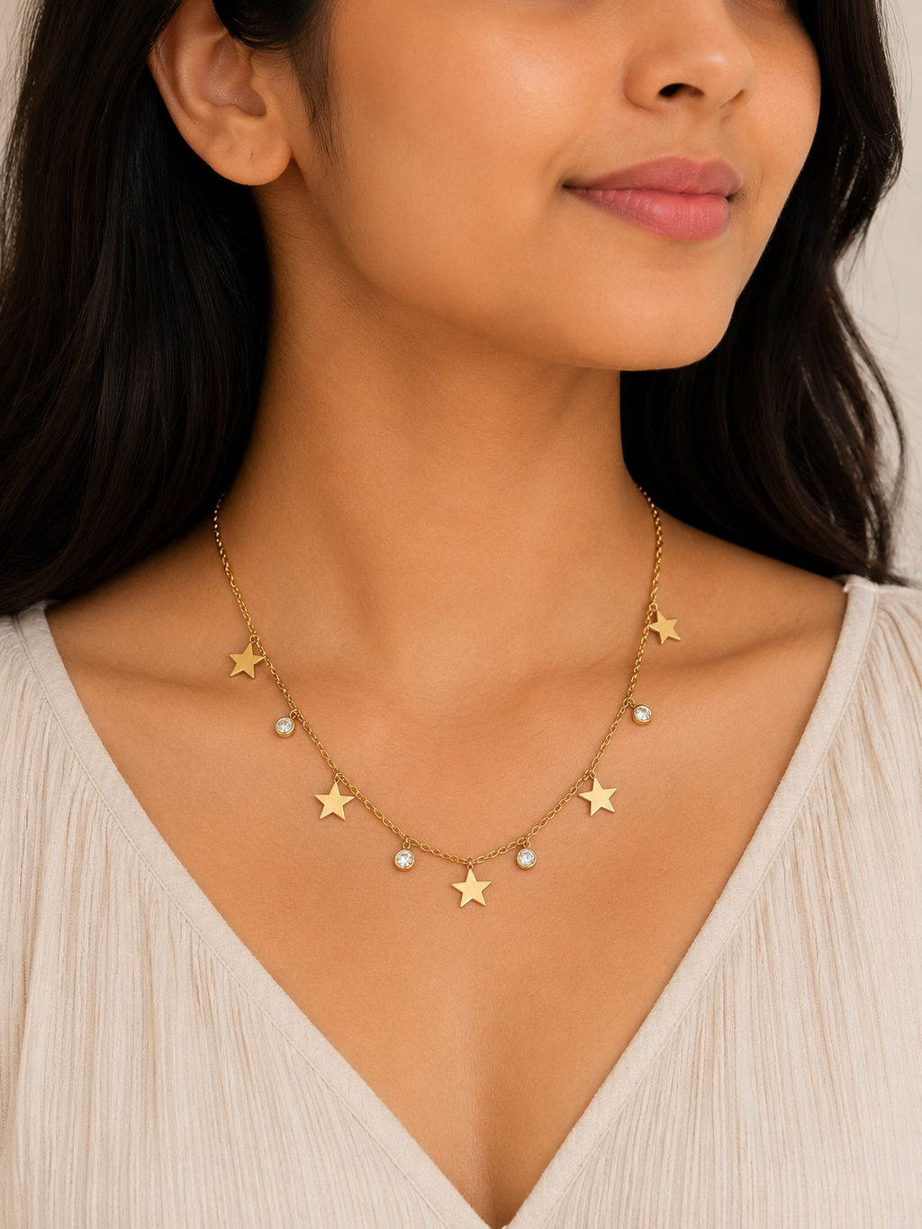 Anti Tarnish Gold Star Charm Necklace with Crystal Accents for Women