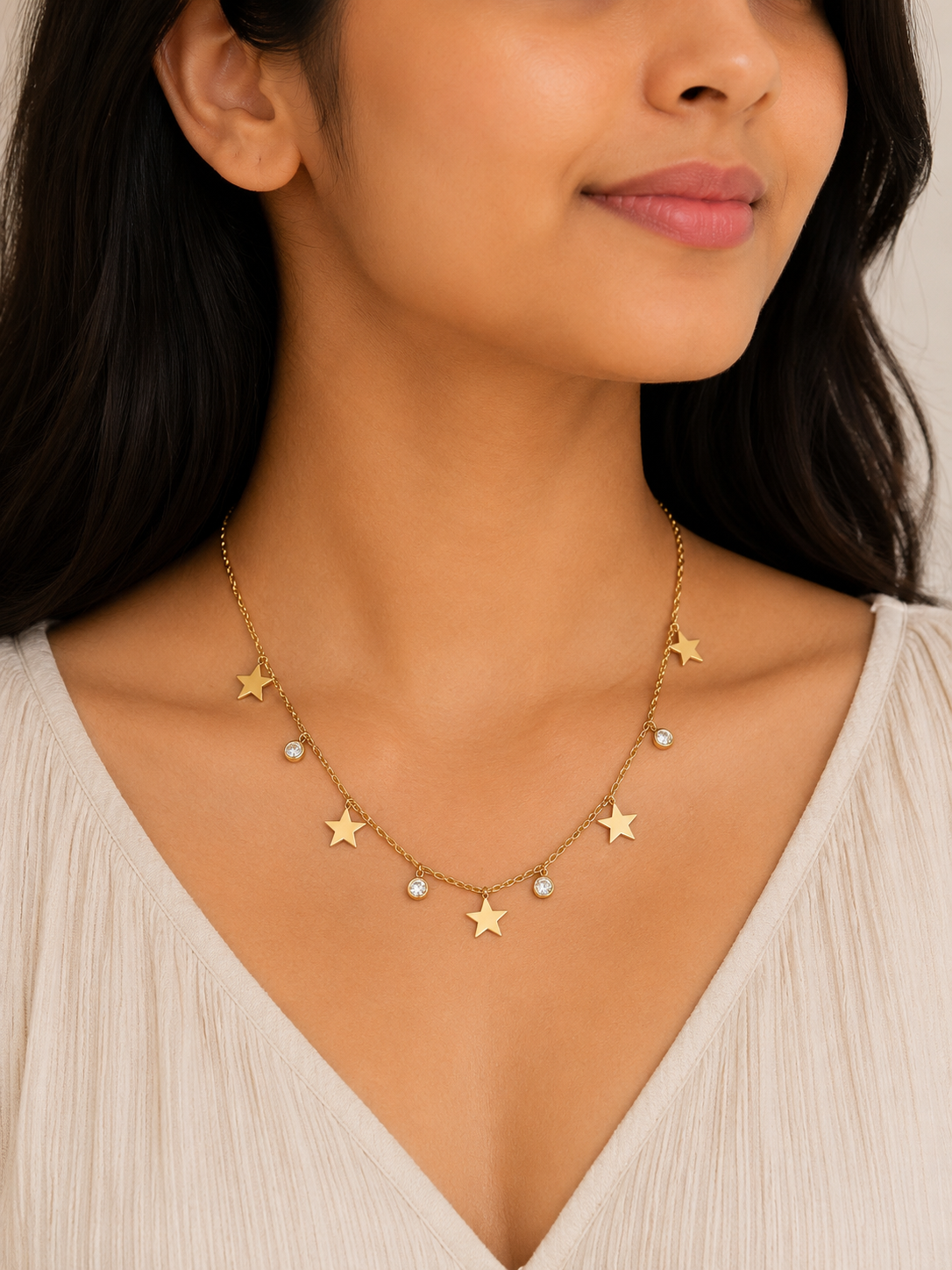 Anti Tarnish Gold Star Charm Necklace with Crystal Accents for Women