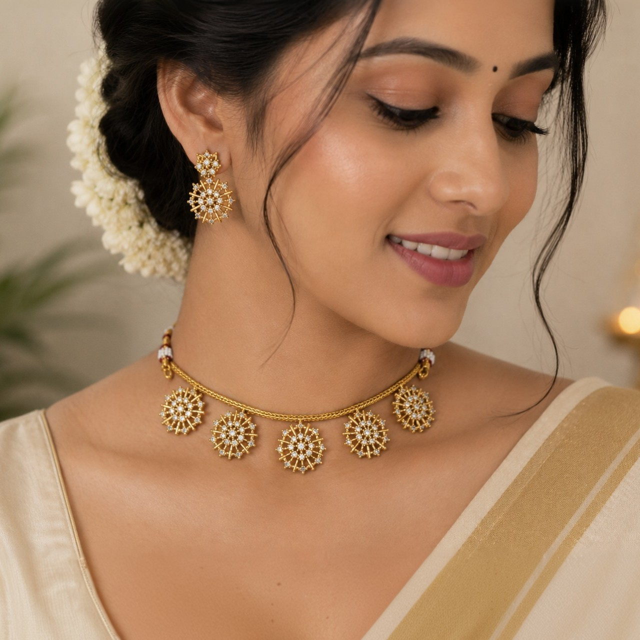 Premium Gold Plated AD Stone Chocker Necklace | Elegant Floral Design