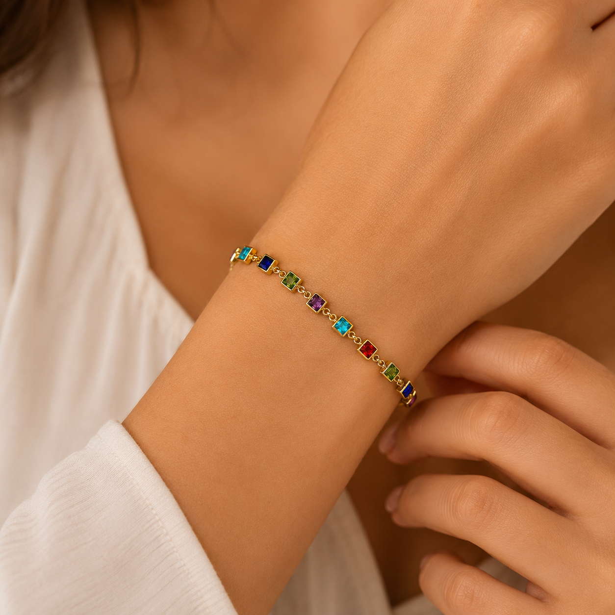Gold Plated Rainbow Crystal Chain Bracelet for Women