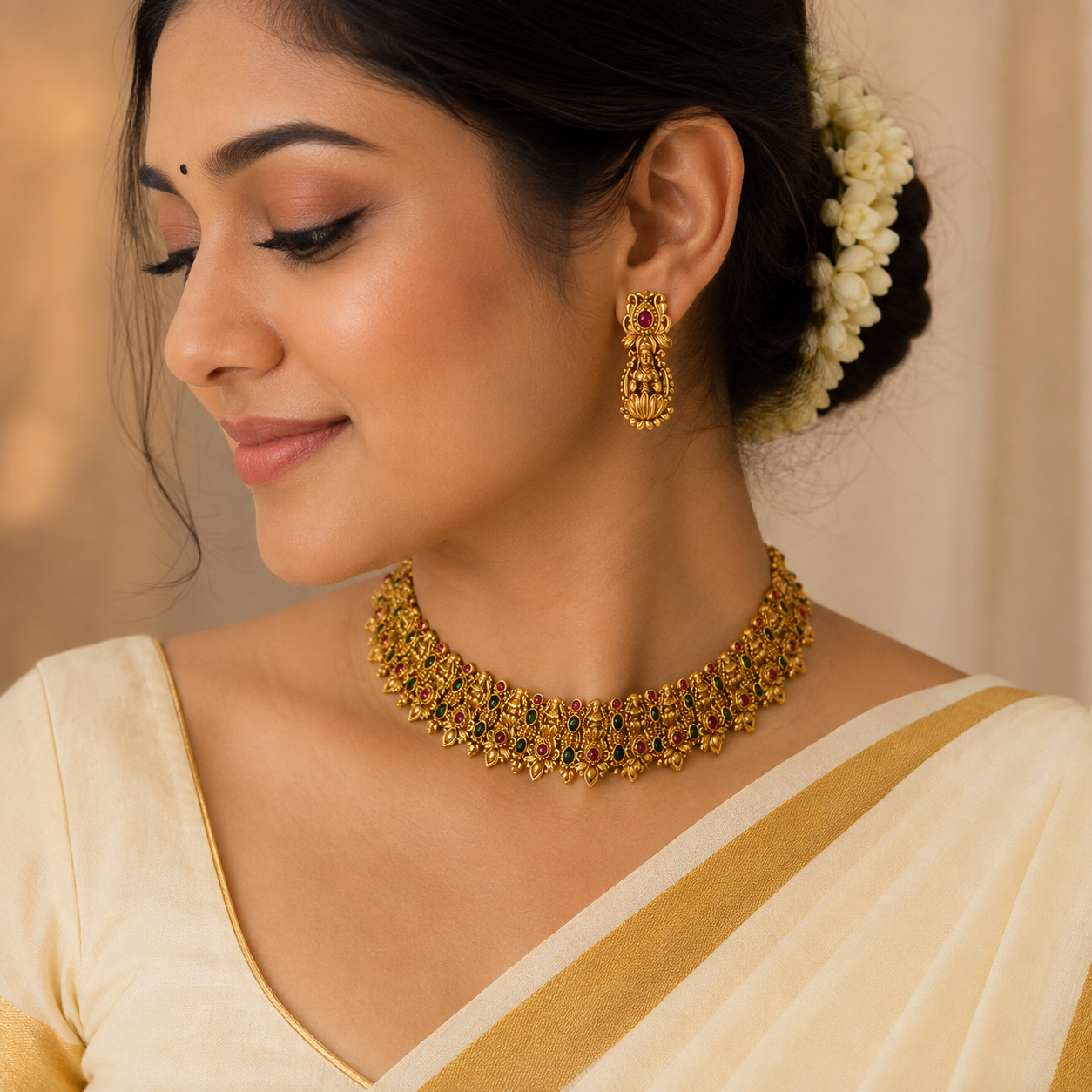 Premium Gold Plated Elakkathali Choker Necklace Set