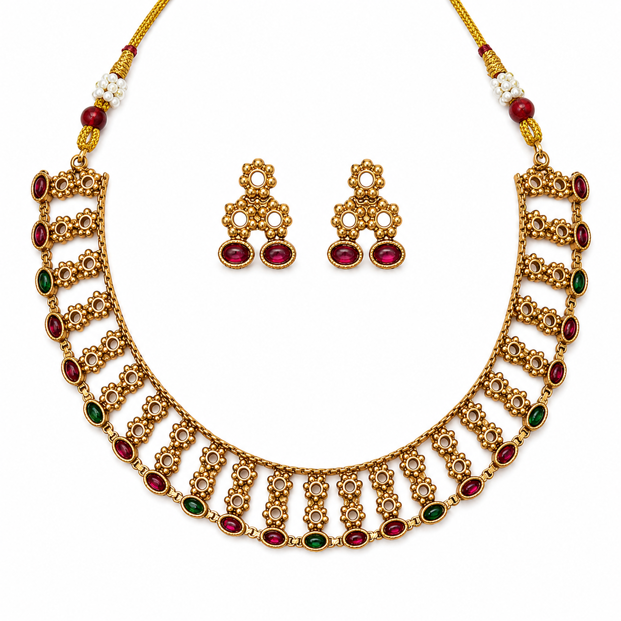 24K Gold Plated Traditional Multicolor Stone Choker Necklace with Matching Earrings