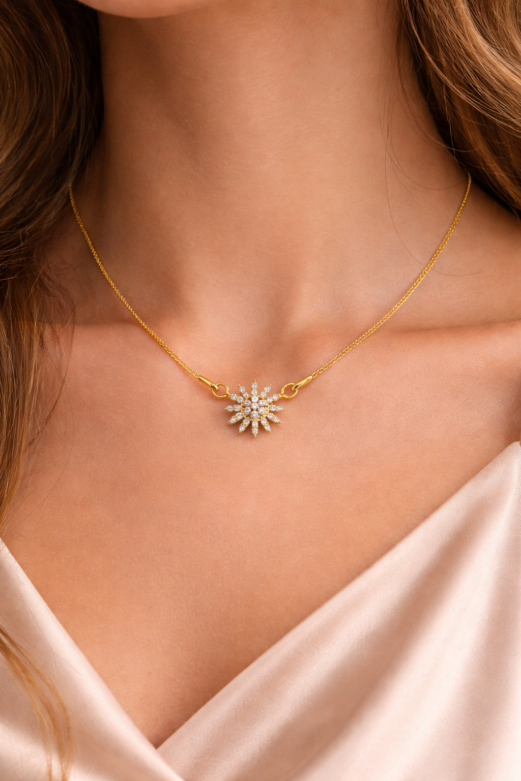 24ct Gold Plated Sparkling Floral Burst Pendant Necklace